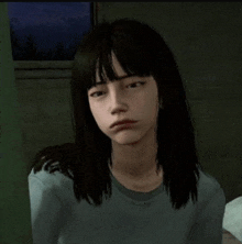 a girl with long black hair and bangs is sitting on a bed looking at the camera .