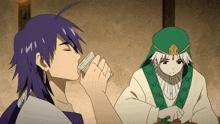 a man with purple hair is drinking from a bottle