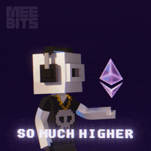 an advertisement for mee bits shows a cartoon character holding a purple diamond