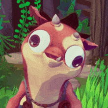 a cartoon character with big eyes and a horn on its head