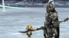 a man in armor holds a sword in front of a green light