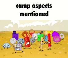 a group of cartoon characters standing in a field with the words camp aspects mentioned