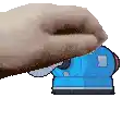 a pixel art of a hand holding a blue object