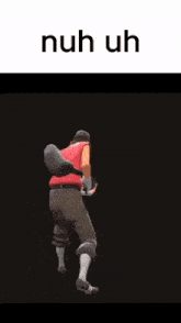 a man in a red shirt is holding a gun and says nuh uh on the bottom