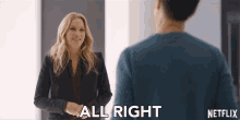 a netflix ad shows a woman shaking hands with a man and says all right