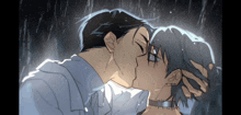 a man and a woman kissing in the rain in a cartoon