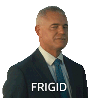 a man in a suit and tie has frigid written on the bottom of his face