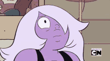 a cartoon character with purple hair and a black tank top is making a face .