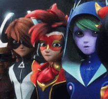 three cartoon characters are standing next to each other and one has a mask on