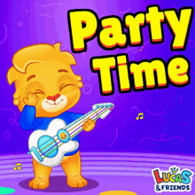 a picture of a lion holding a guitar with the words party time