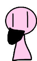 a pink cartoon character with a black scarf around its neck .