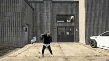 a person in a video game standing in front of a building with a car parked in the background