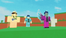 a group of roblox characters are standing next to each other on a green field .