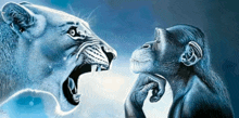 a lion and a chimpanzee are looking at each other with their mouths open