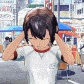 a girl in a white shirt has a name tag that says ' 大 徳 ' on it