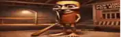 a cartoon character is standing in front of a building holding a baseball bat .