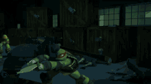 two teenage mutant ninja turtles fighting each other in a dark room