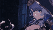 a girl with blue hair and blue eyes is wearing a black hood