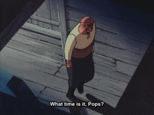a man with a bandage on his eye is talking to another man and says what time is it pops