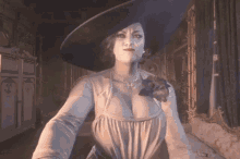 a woman in a white dress and hat is taking a selfie in a room .