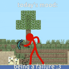 a red stick figure is holding a tree in a minecraft game