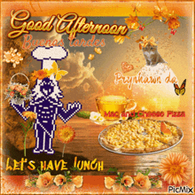 a greeting card that says good afternoon buena tardes and let 's have lunch