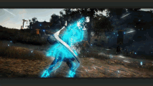 a person in a video game with a blue shield