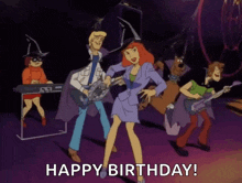 a group of scooby doo characters are dancing and playing guitars with the words " happy birthday " in the background