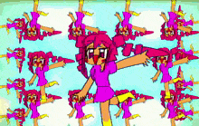 a cartoon of a girl in a purple dress is surrounded by other girls in pink dresses
