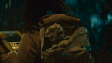 a person is holding a turtle in their arms and the turtle 's head is sticking out of the bag