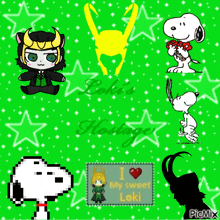 a picture of loki and snoopy with a sign that says " i love my sweet loki "