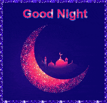 a good night card with a crescent moon and a castle on it
