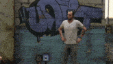 two men are standing in front of a building with a no trespassing sign on it