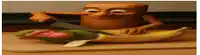 a cartoon character is cutting a banana on a wooden cutting board