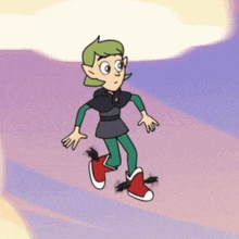 a cartoon character is standing on a purple surface .