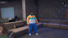 a man is standing in front of a couch in a video game with the number 4 on the bottom right