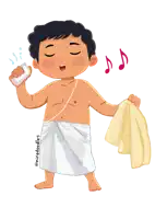 a cartoon drawing of a boy singing while holding a yellow towel