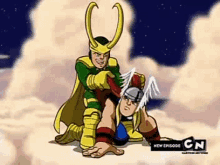 a cartoon of loki and thor having sex in the clouds .