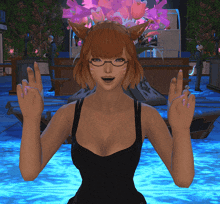 a woman wearing glasses and a cat ear headband stands in front of a pool of water