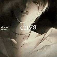 a black and white drawing of a man with his tongue out and the word chya written on it .