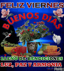 a picture of flowers and cups that says feliz viernes buenos dias