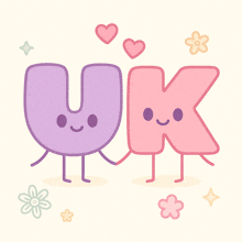 a purple letter u and a pink letter k are holding hands and smiling