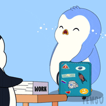 a penguin is carrying a suitcase next to a box that says work on it