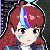 a close up of a cartoon girl with a blue and purple stripe on her hair