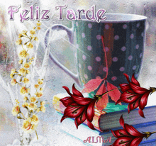a cup of coffee sits on top of a stack of books with the words feliz tarde above it