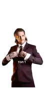 a man in a suit and tie has the number 1 written on his chest