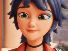 a close up of a cartoon girl with blue hair
