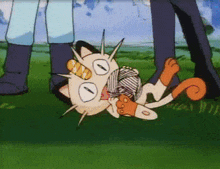 a cartoon cat is laying on the ground with a yarn ball in its mouth