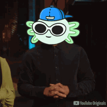 a man with a cartoon character on his face and the word peace below him