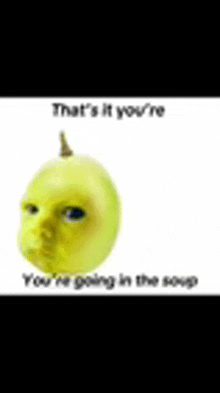 a picture of a baby 's face with the words `` that 's it you 're going in the soup ''